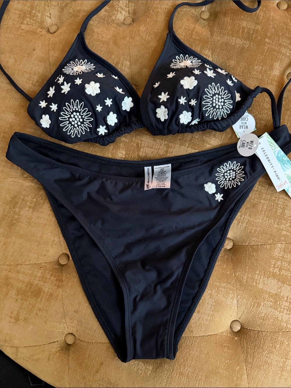 Celebrity Pink Navy Triangle Bikini with White Floral Embroidery